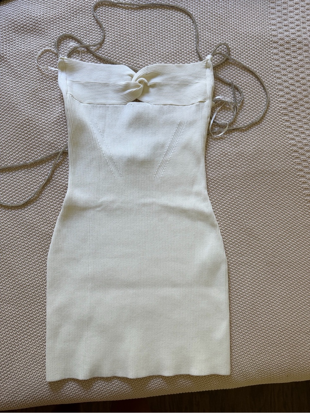 Bershka Cream Knot-Front Fitted Mini Dress with Rhinestone Straps